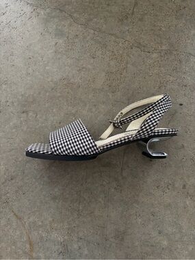 Gingham Square-Toe Slingback Heel in Black & White